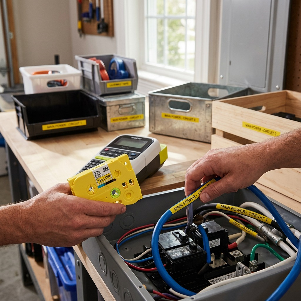 Brother TZe651 black on yellow 24mm label tape used to organize industrial cables and storage bins.