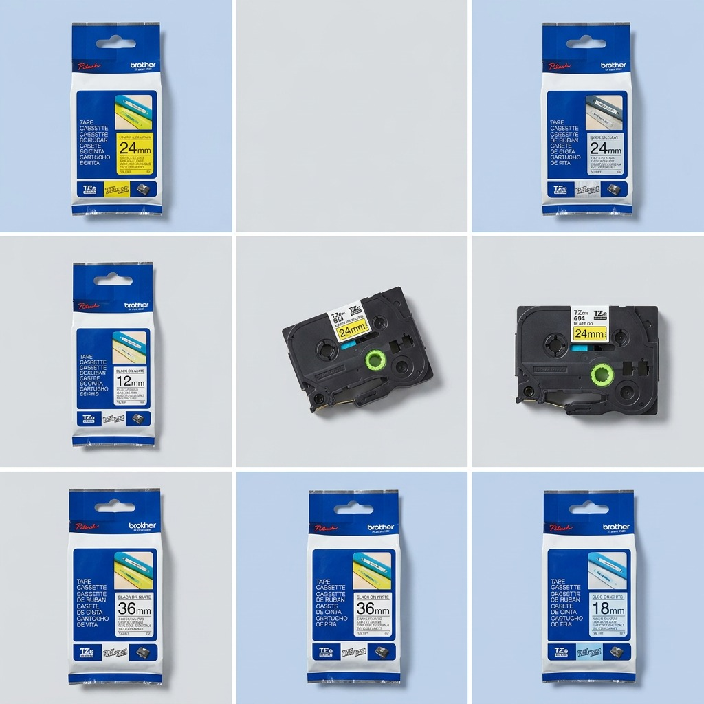 Grid showing Brother TZe tape cassettes in 12mm, 18mm, 24mm, and 36mm sizes with packaging.