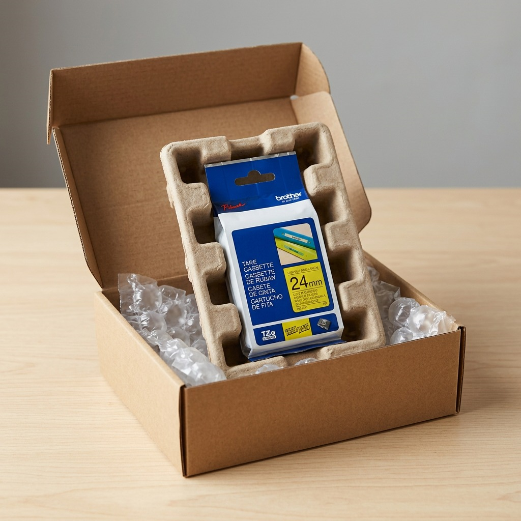 Brother TZe651 24mm label tape securely packed in a cardboard shipping box with protective padding.