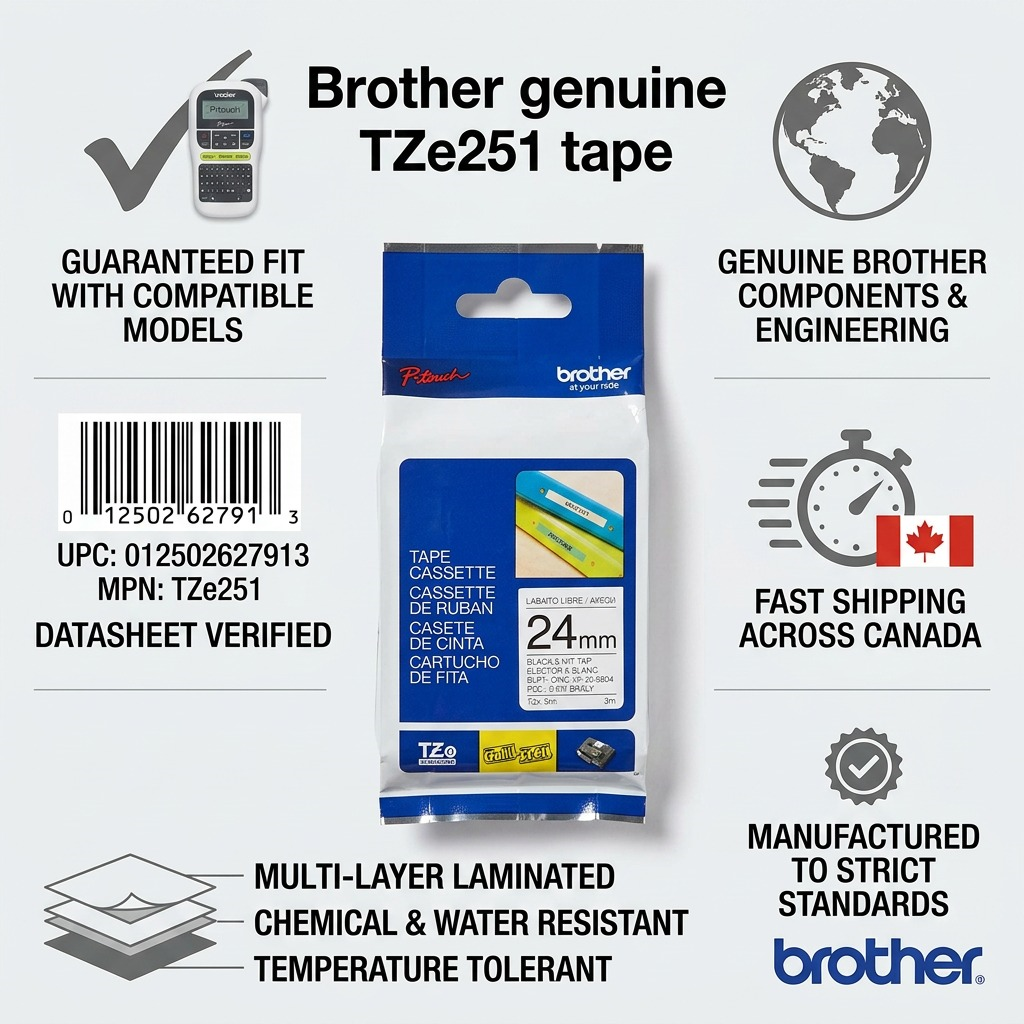 Trust infographic for Brother TZe251 24mm tape featuring laminated durability and fast Canadian shipping.