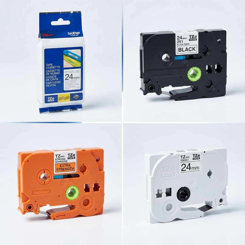 Grid showing Brother TZe251 label tape in retail packaging and three P-touch tape cartridge color variants.