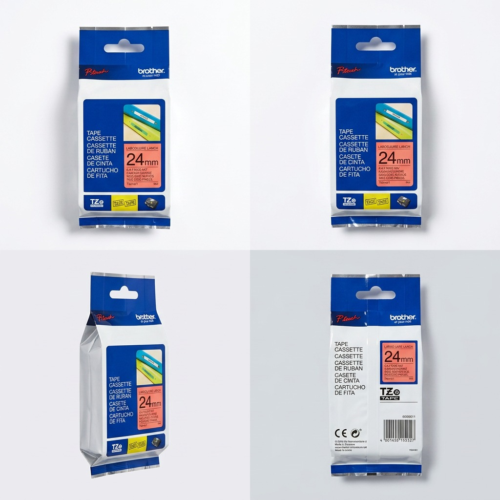 A four-image grid showing the packaging for Brother TZe451 24mm tape from multiple viewpoints.