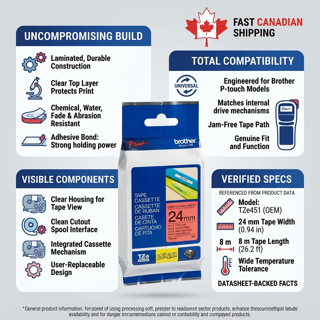 Infographic for Brother TZe451 24mm tape featuring durability specs and fast Canadian shipping.