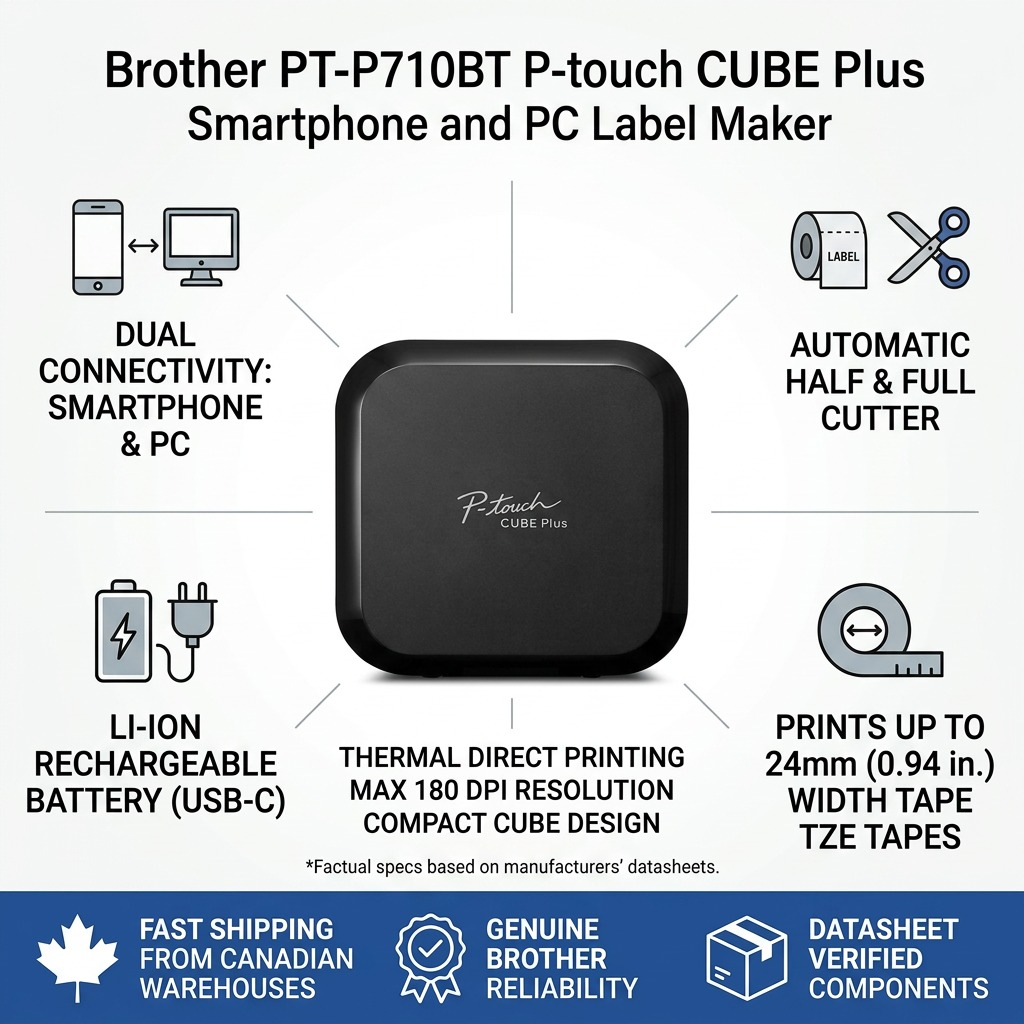 Brother PT-P710BT P-touch CUBE Plus feature list with icons for wireless, battery, and 24mm tape.