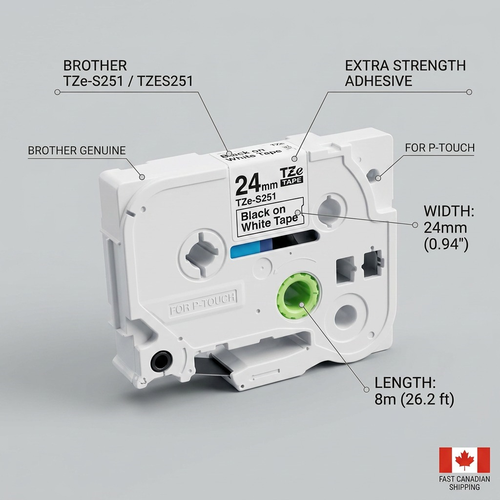 Brother Genuine TZe-S251 extra strength adhesive label tape cartridge with key features callout.