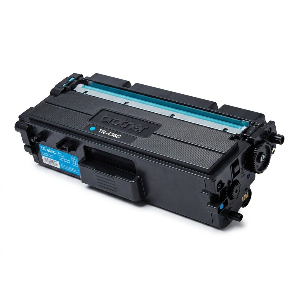Brother TN436C Super High Yield Cyan Toner Cartridge for laser printers on a white background.