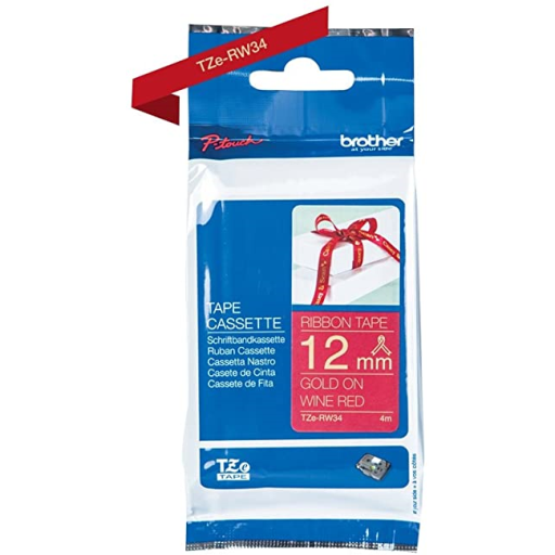 Brother Genuine TZERW34 Decorative Gold on Wine Red Satin Ribbon for P-touch Label Makers, 12 mm wide x 4 m long