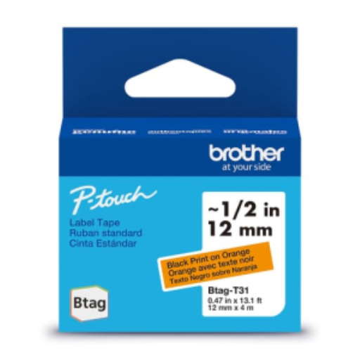 Brother Genuine BTAGT31 Non-Laminated Tape for P-touch Label Makers, Black on Orange ? 12 mm wide x 4 m long