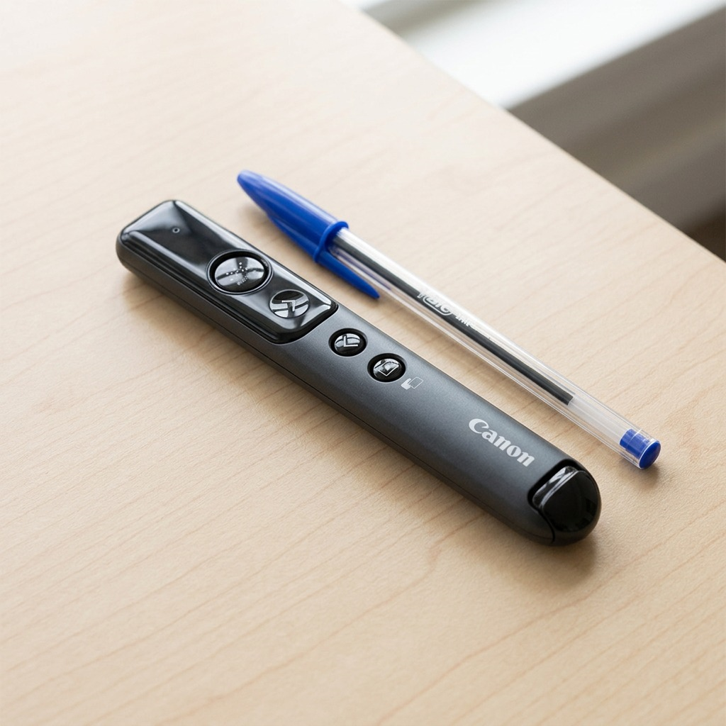 Canon PR1100-R wireless presenter shown next to a standard blue ballpoint pen for scale reference.
