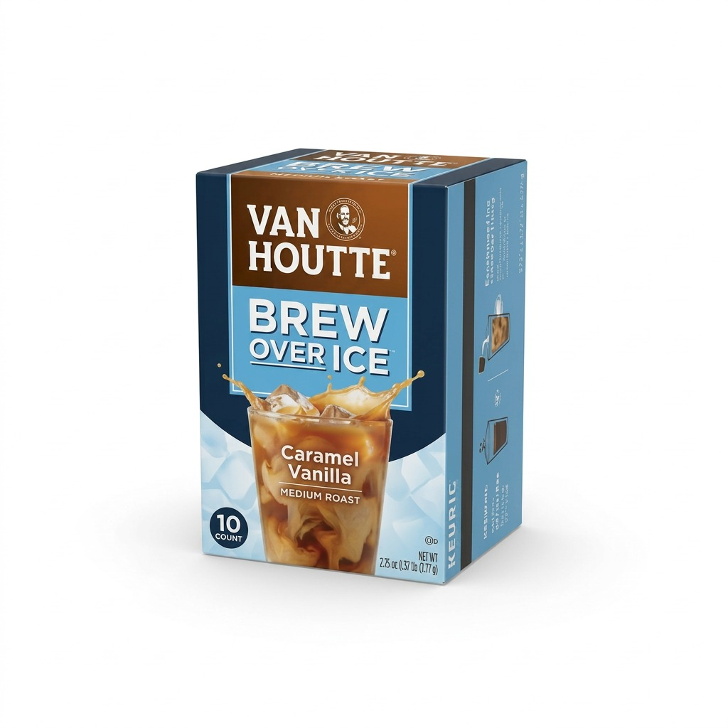 Van Houtte Brew Over Ice Caramel Vanilla Medium Roast K-Cup pods, 10-count box hero shot.