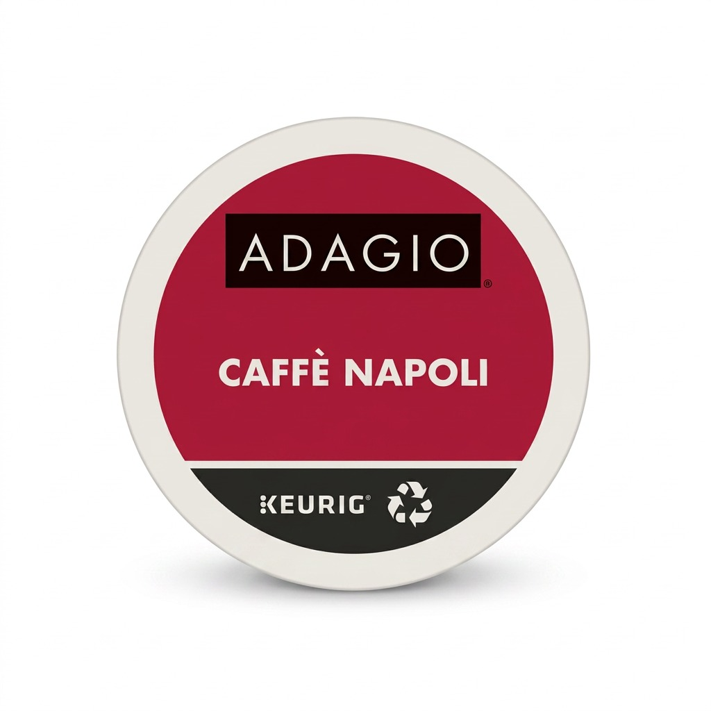Top view of an Adagio Caffè Napoli dark roast Keurig K-Cup coffee pod with red and black labeling.