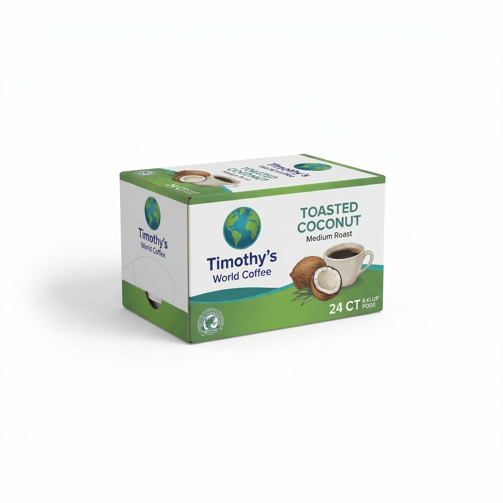 Timothy's World Coffee Toasted Coconut Medium Roast K-Cup Pods, 24 count box on white background.