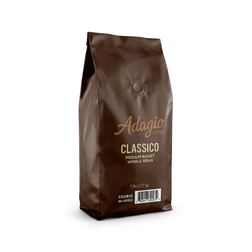 5lb bag of Keurig Canada Adagio Classico medium roast whole bean coffee on a white background.