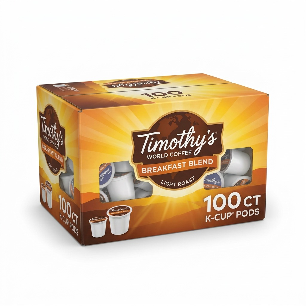 100-pack box of Timothy's Breakfast Blend Light Roast K-Cup pods for Keurig coffee makers.