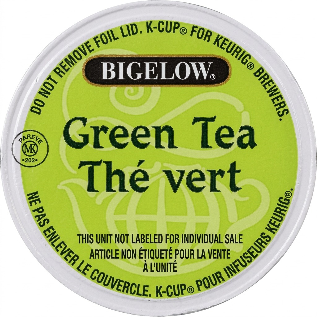Bigelow Green Tea K-Cup pod for Keurig brewers, featuring a green and white foil lid.