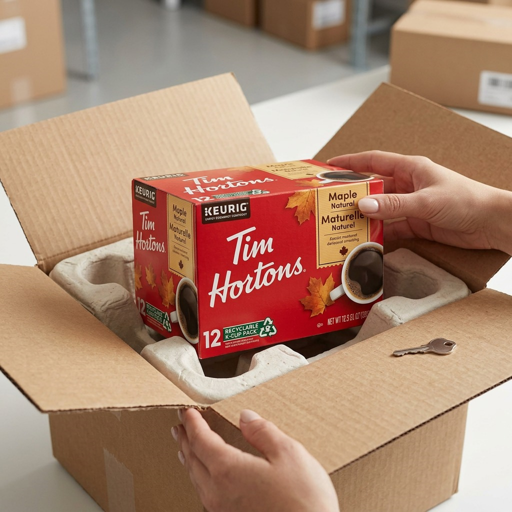 A premium close-up photo of the Tim Hortons Maple K-Cup 12-pack (as seen in image_0.png), securely nestled within custom-molded, neutral-colored protective biodegradable pulp in an open shipping box. Clean warehouse background, low-angle shot emphasizing protection.