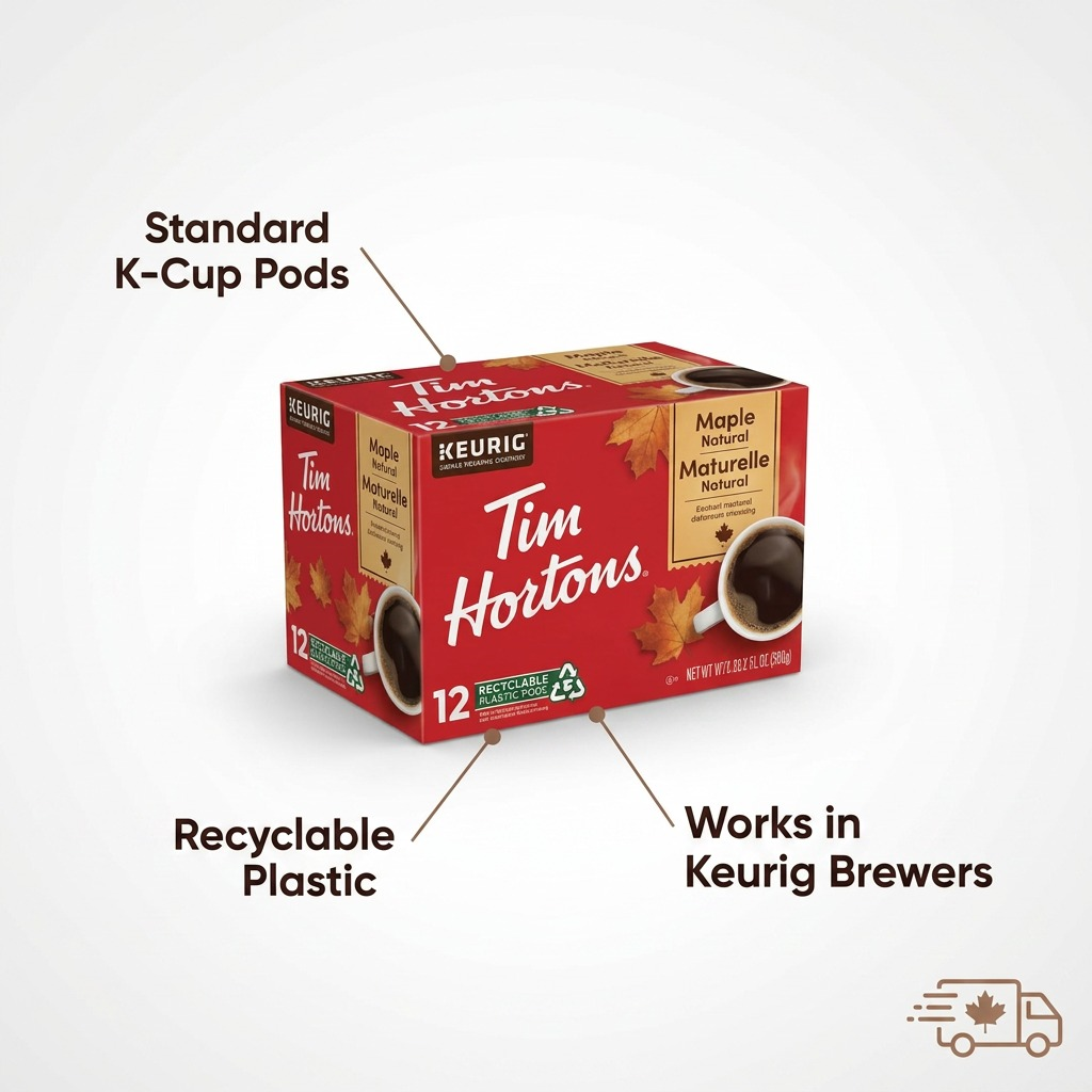 Feature callout image for Tim Hortons Maple 12ct K-Cup pods, highlighting use with Keurig brewers and recyclable materials.
