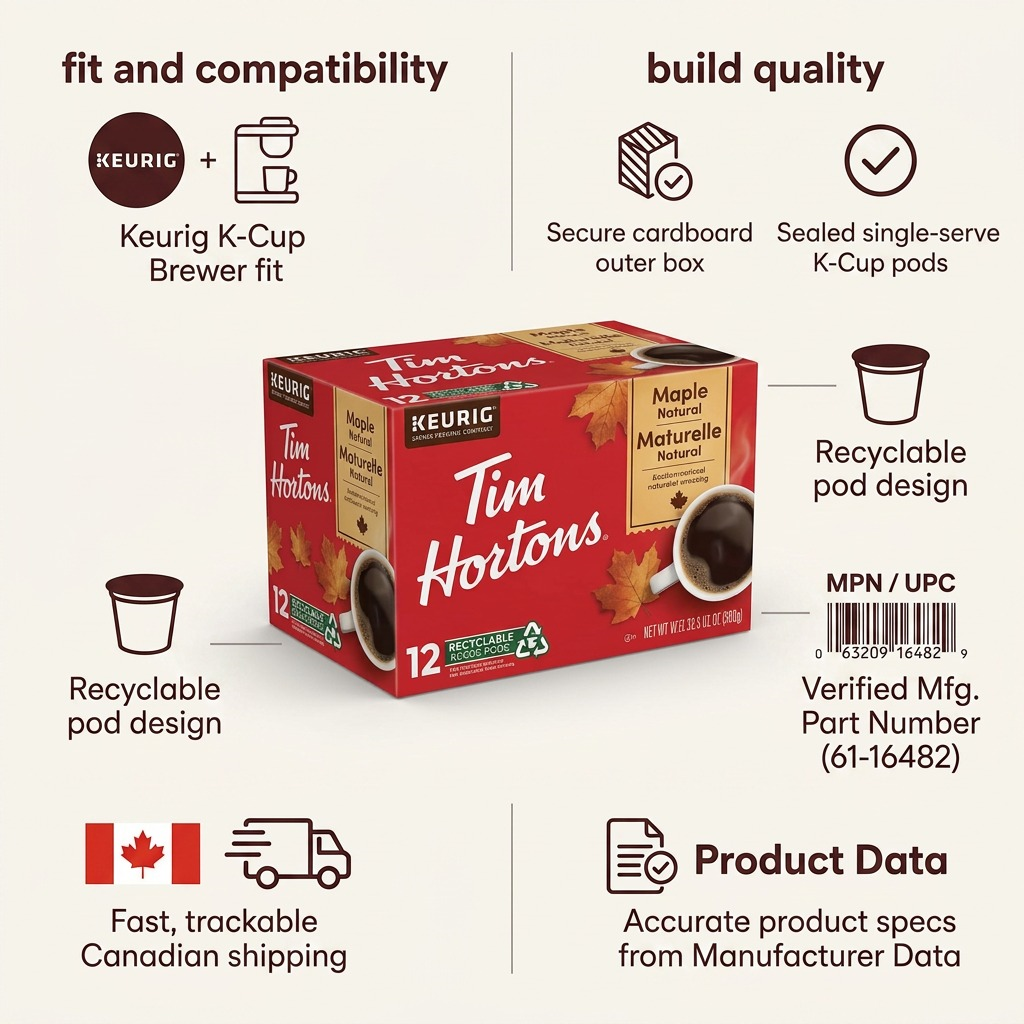 A product specification graphic for Tim Hortons Maple K-Cup pods, showing icons and text detail.
