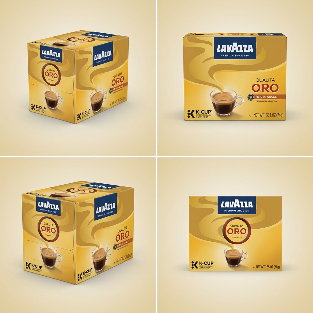 A grid showing front and three-quarter angles of Lavazza Qualità Oro K-Cup pods 24-count box.