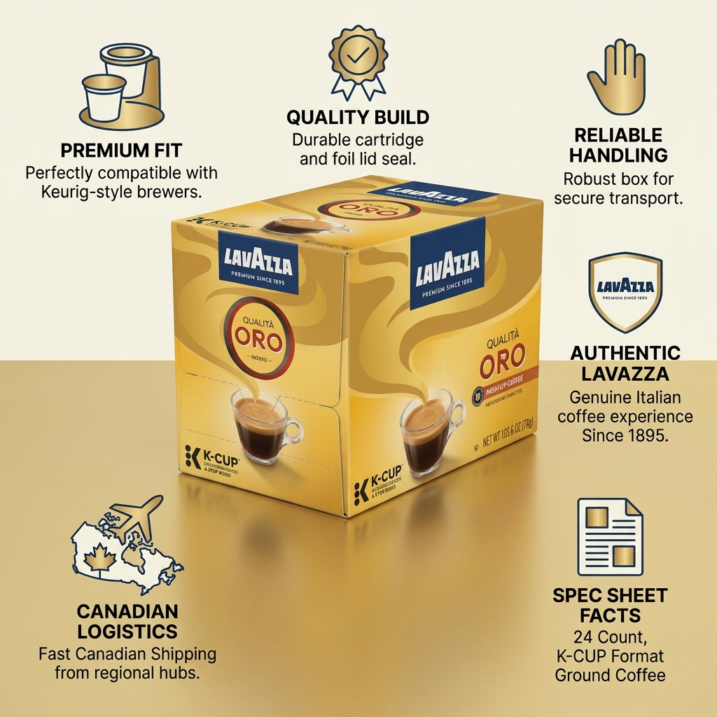 Infographic for Lavazza Qualità Oro K-Cup pods highlighting Keurig compatibility and Canadian shipping.