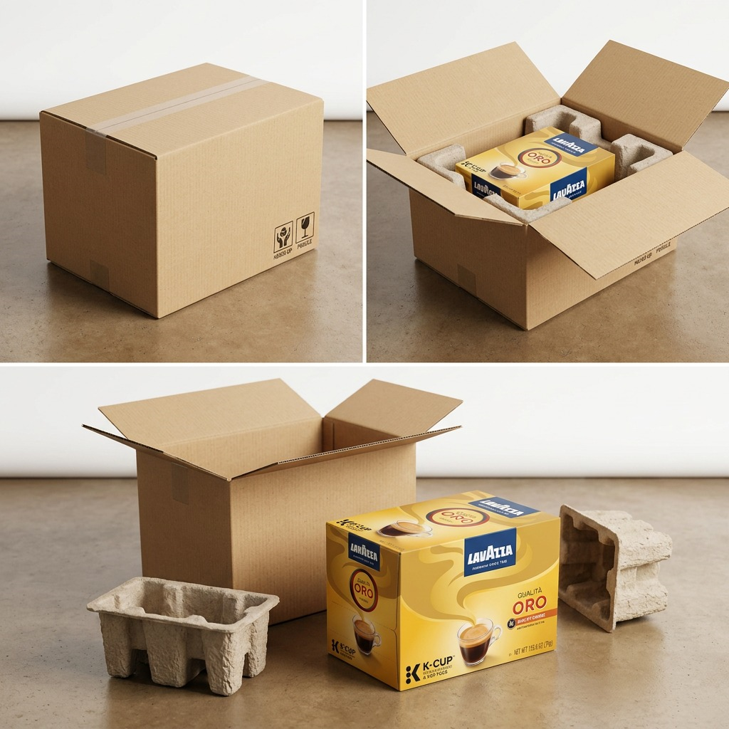 A 24-count box of Lavazza Qualità Oro K-Cups shown being unboxed from a secure shipping carton.