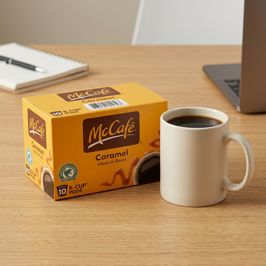 A 10-count box of McCafé Caramel K-Cup pods shown for scale next to a standard white coffee mug.