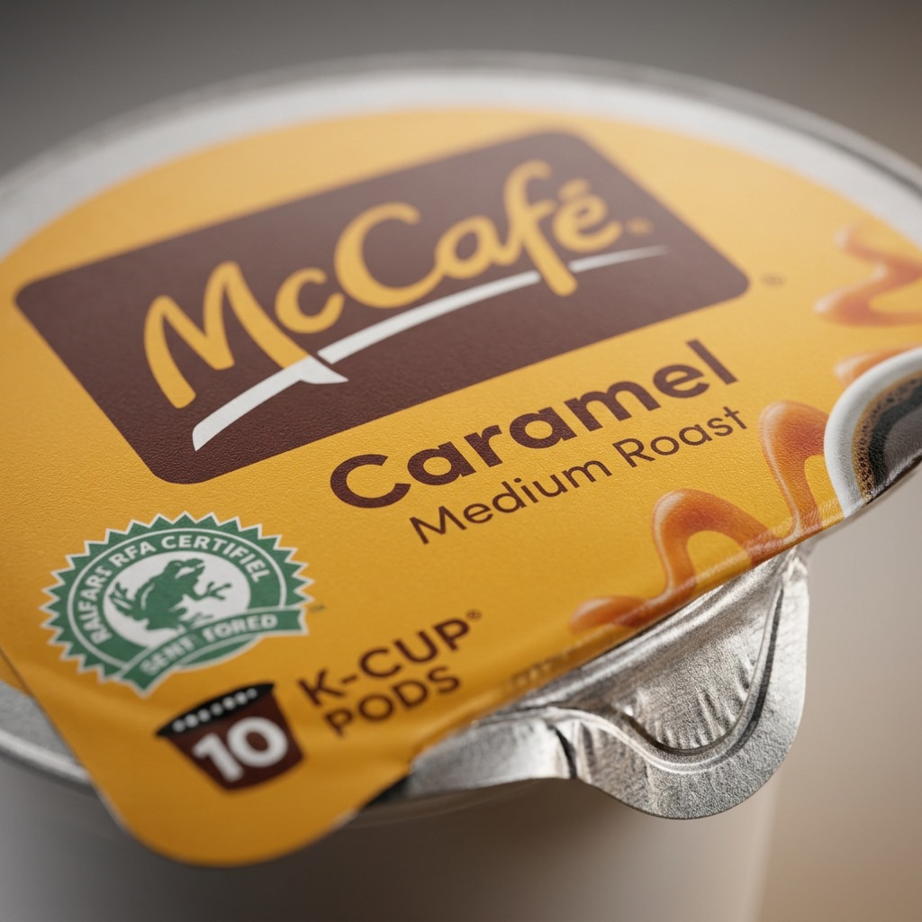 Macro view of a McCafé Caramel Medium Roast K-Cup pod showing the foil seal and RFA logo.