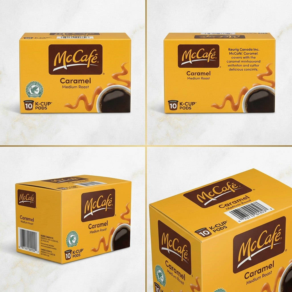 A four-way grid view of McCafé Caramel Medium Roast K-Cup 10-count boxes from multiple angles.