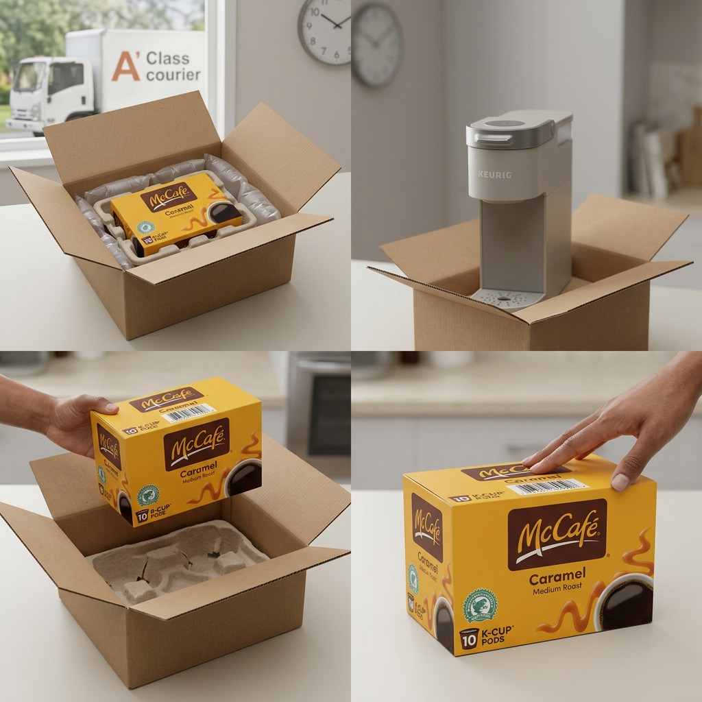 Unboxing McCafé Caramel K-Cup coffee pods from a cardboard shipping box with protective inserts.