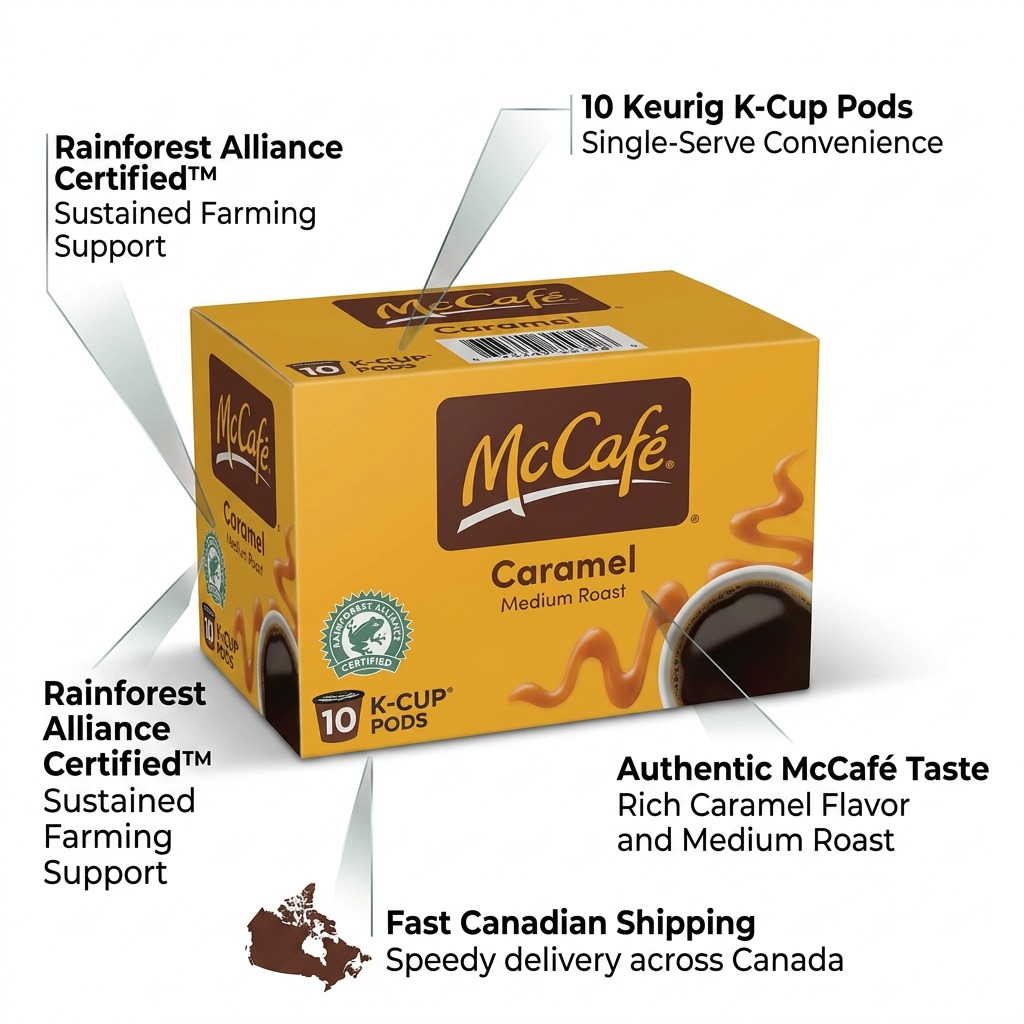 McCafé Caramel Medium Roast 10-count K-Cup box with feature labels and Rainforest Alliance logo.