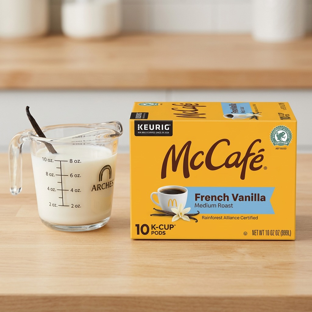 A 10-count box of McCafé French Vanilla K-Cups next to a 10 oz glass measuring cup for scale.