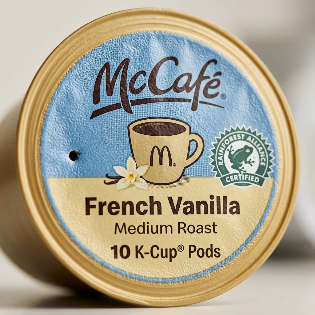 Macro detail of a McCafé French Vanilla K-Cup pod lid with Rainforest Alliance Certified seal.