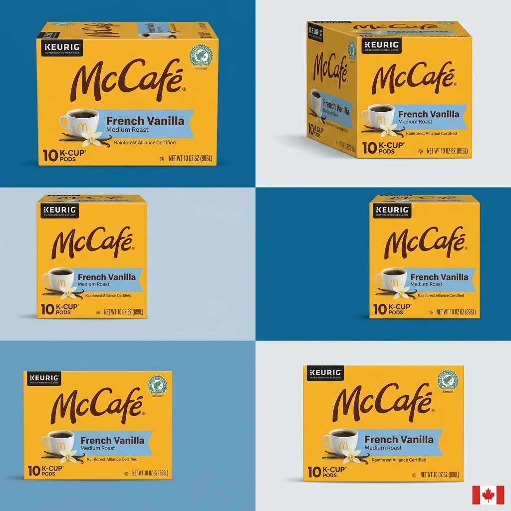 Grid showing McCafé French Vanilla 10-count K-Cup boxes from multiple angles on a blue background.