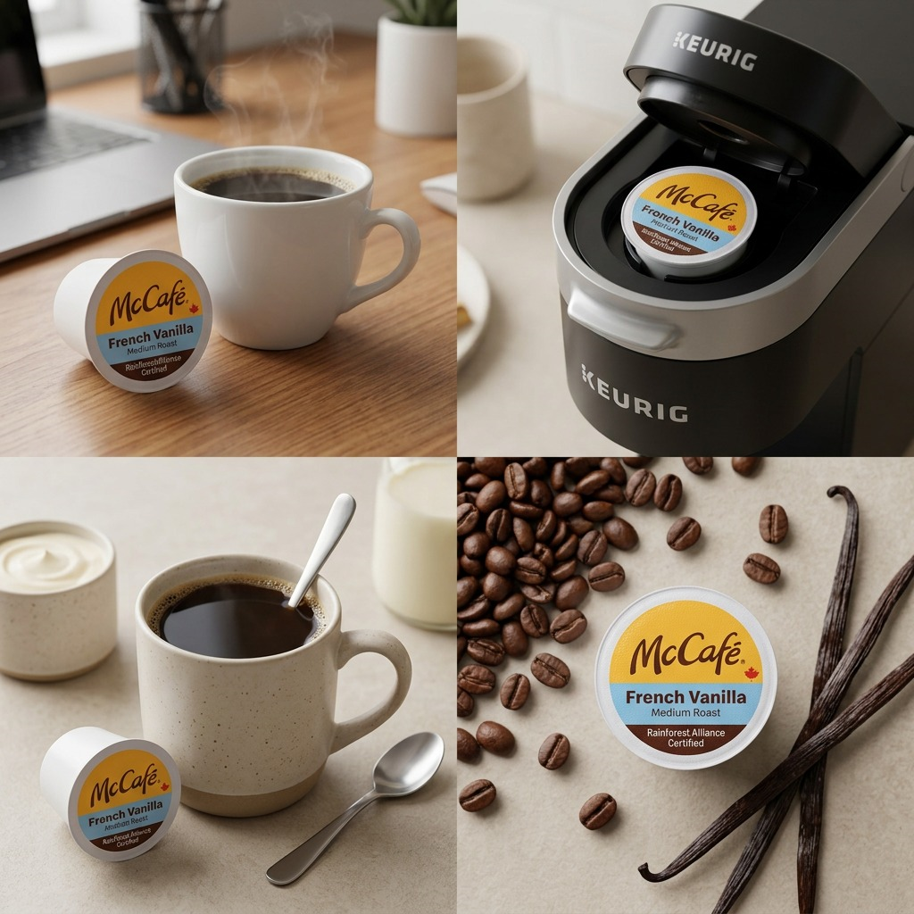 A lifestyle montage showing McCafé French Vanilla K-Cup pods brewed in a Keurig machine.