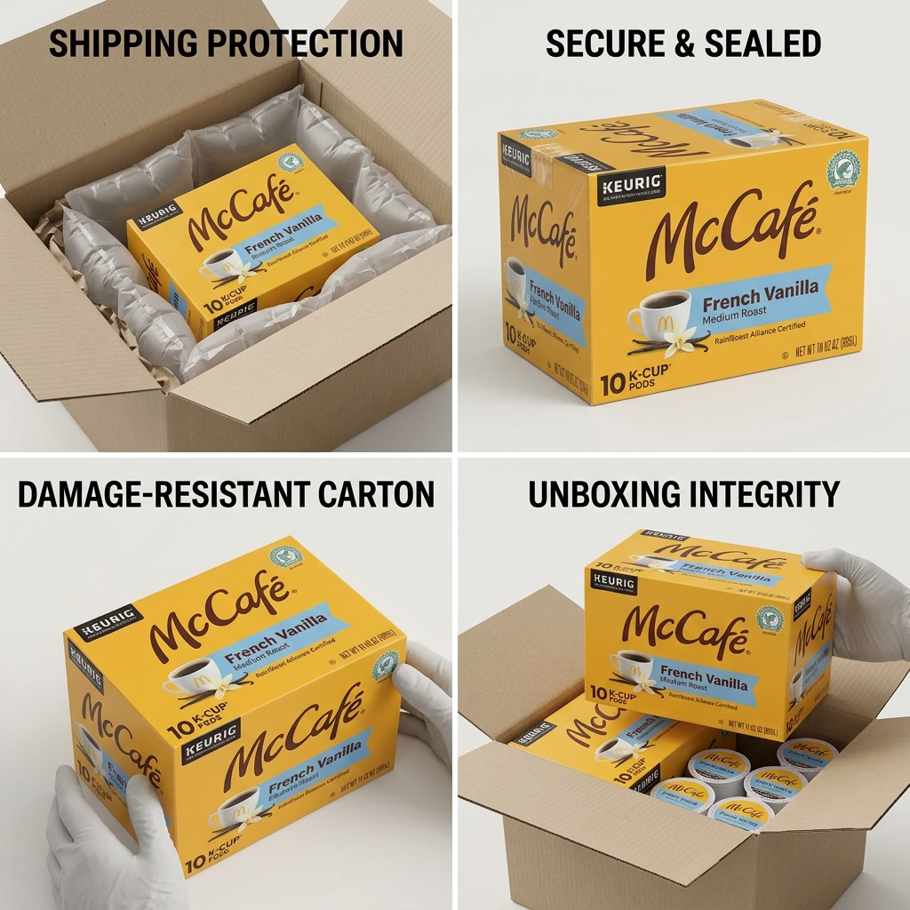McCafé French Vanilla K-Cup 10-count box in secure shipping packaging with protective air pillows.