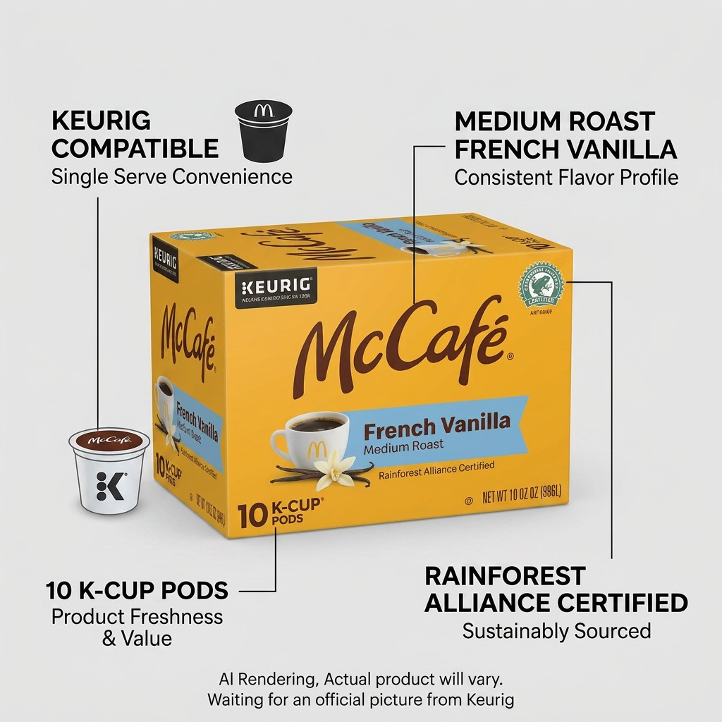 McCafé French Vanilla Medium Roast K-Cups infographic showing 10-count box and Keurig compatibility.