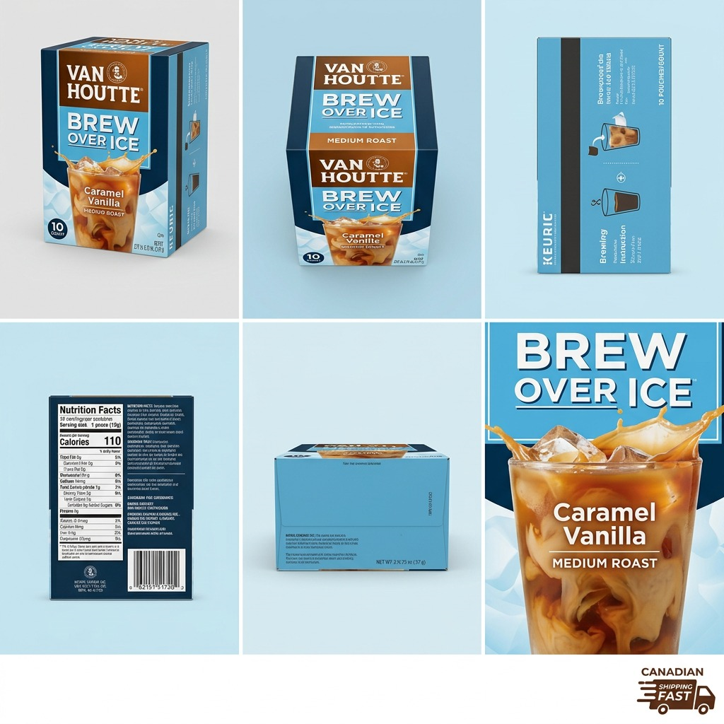 Van Houtte Vanilla Caramel Brew Over Ice K-Cups shown from multiple angles including packaging details