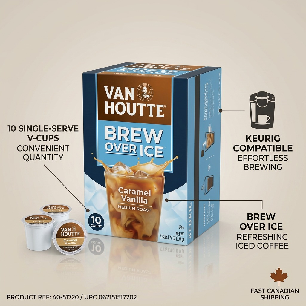 Van Houtte Brew Over Ice Caramel Vanilla 10-count K-Cups showing Keurig compatibility and features.