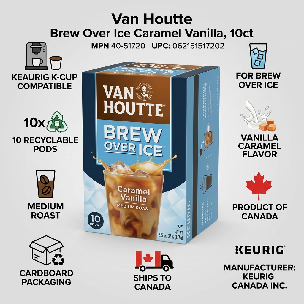 Infographic for Van Houtte Caramel Vanilla Brew Over Ice 10ct K-Cups showing Keurig compatibility.