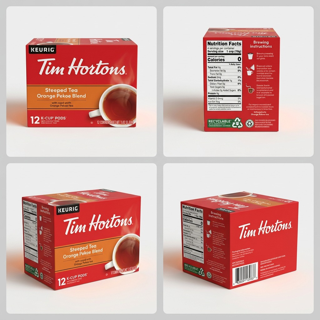 Four views of the Tim Hortons Orange Pekoe Tea 12-pack K-Cup box, showing front and side panels.
