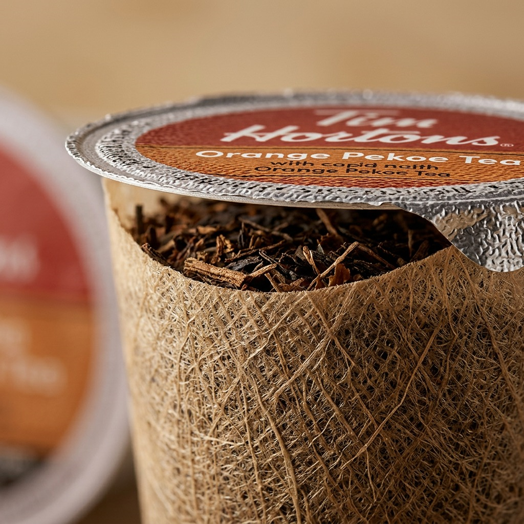 Macro detail of a Tim Hortons Orange Pekoe Tea K-Cup pod showing dried tea leaves inside.