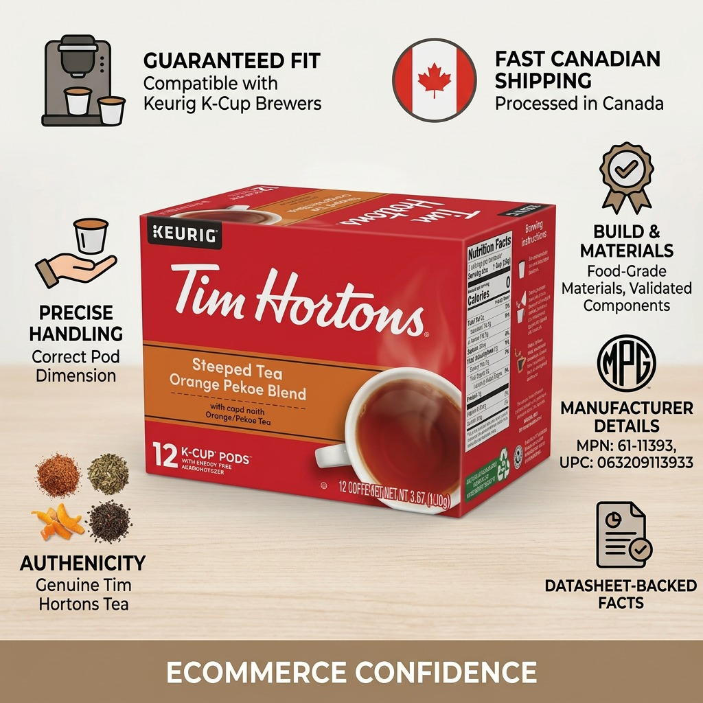 Infographic for Tim Hortons Orange Pekoe Tea K-Cup pods highlighting Keurig compatibility and fast Canadian shipping.