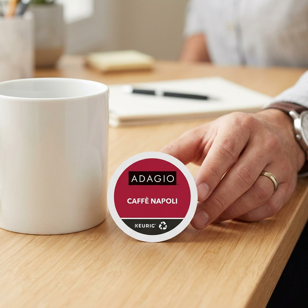 Hand holding Adagio Caffè Napoli K-Cup pod next to a white coffee mug on a desk for size reference.