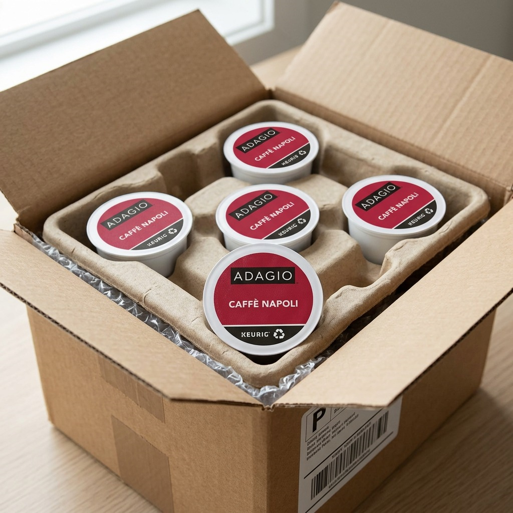 Adagio Caffè Napoli K-Cup pods in protective shipping tray inside a secure cardboard box.