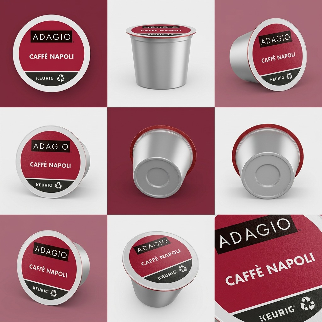 A grid matrix showing the Adagio Caffè Napoli Dark Roast K-Cup pod from multiple angles and views.