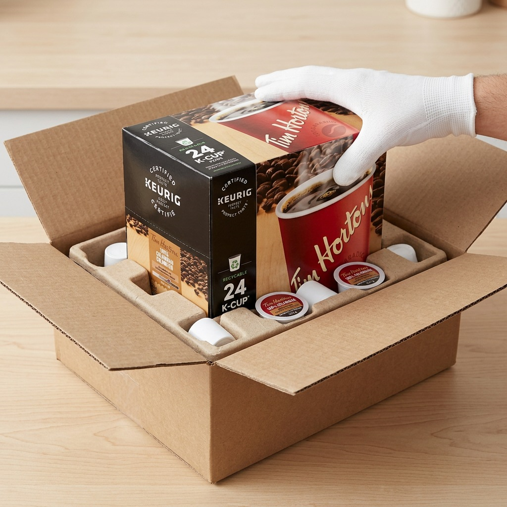 Tim Hortons 100% Colombian K-Cups being removed safely from secure, neutral protective packaging.