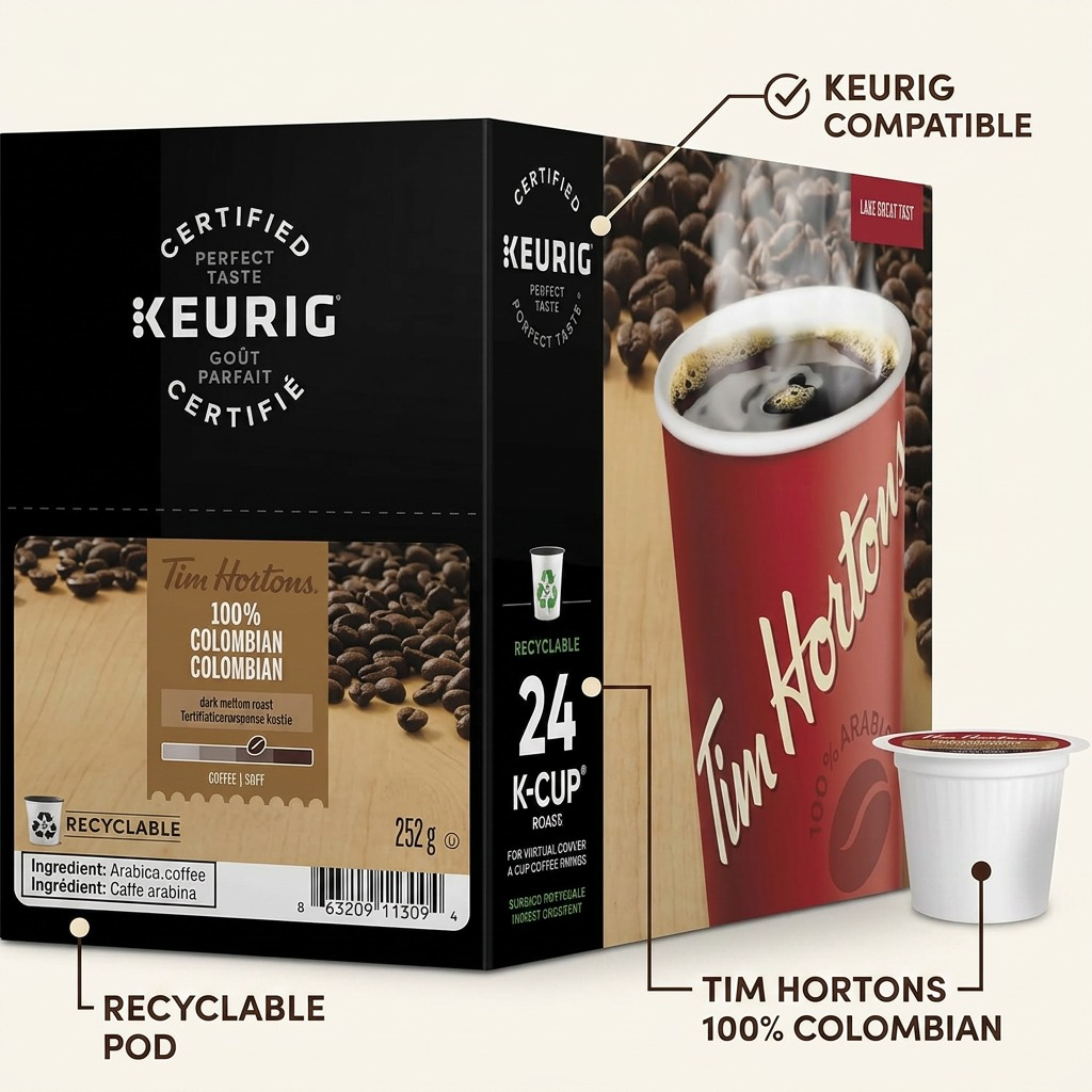 Product image with feature callouts for 24-count Tim Hortons 100% Colombian K-Cup pods.