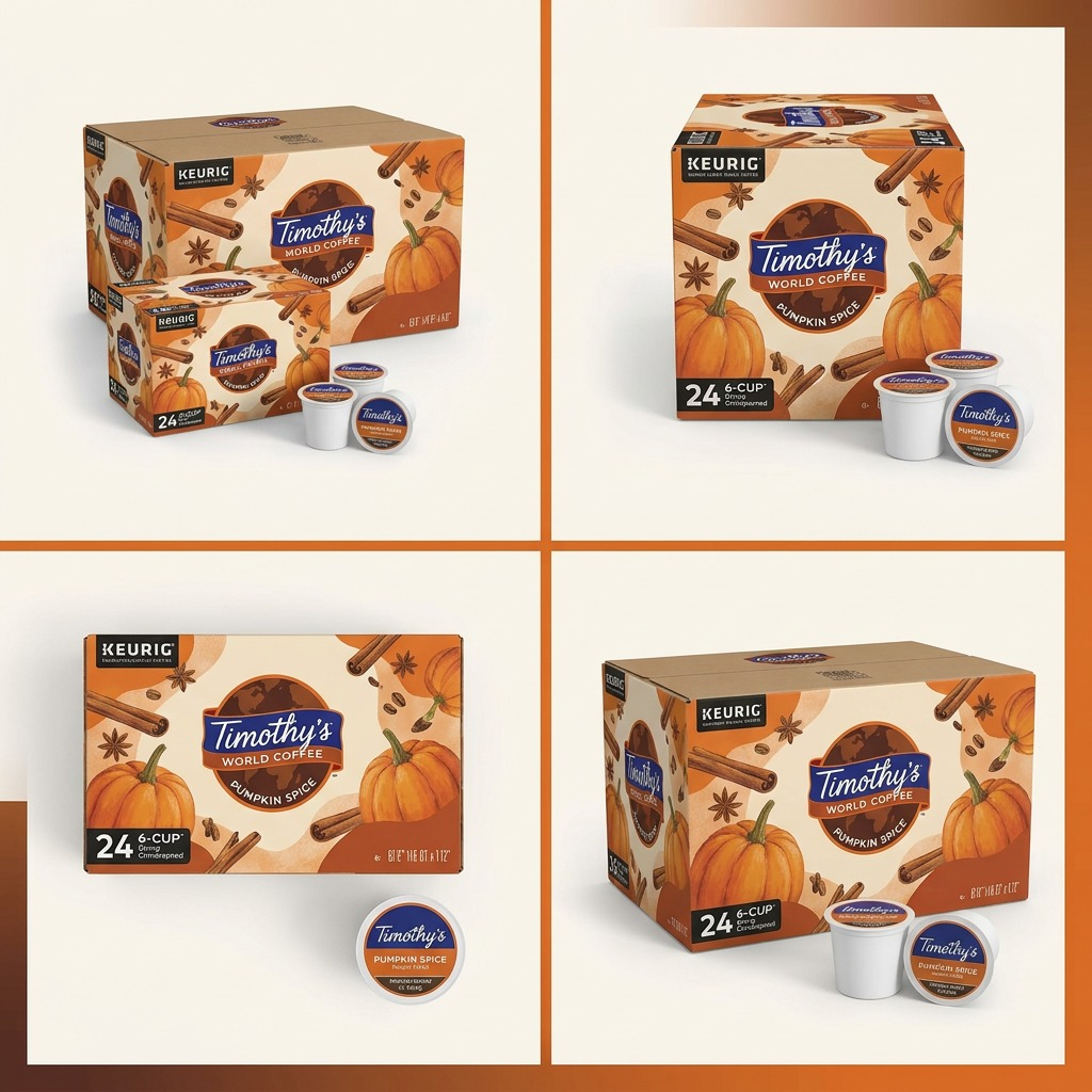 Four-panel grid showing Timothy's Pumpkin Spice K-Cup 24-pack boxes and pods from various angles.