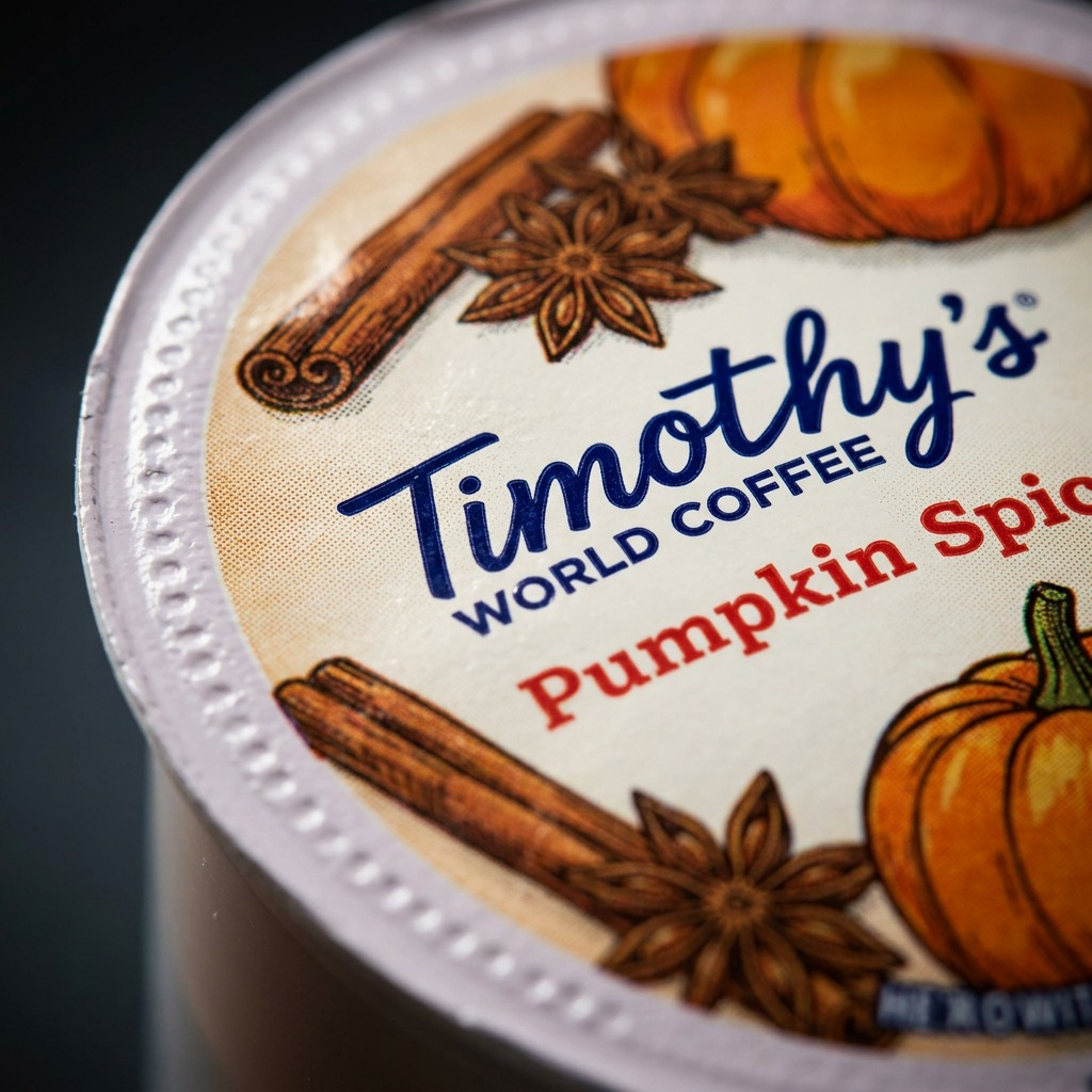 Macro close-up of the textured foil seal on a Timothy's Pumpkin Spice K-Cup coffee pod.
