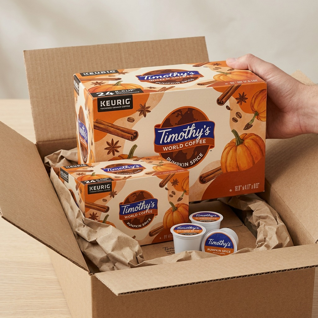 A person unboxing Timothy's Pumpkin Spice K-Cups from a cardboard box with protective paper.